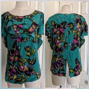 Postella Anthropologie floral teal silk blouse
